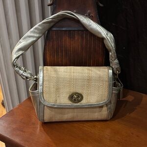 Coach Hamptons Straw & Metallic Silver Stripe Capacity Wristlet 42745